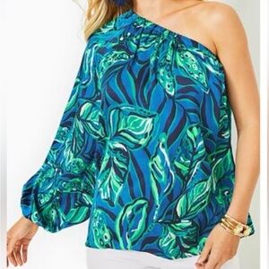 Lilly Pulitzer Blue and Green Leaf Print One-Shoulder Blouse